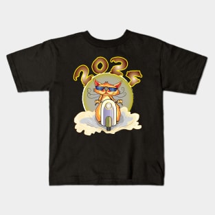 Cat Riding A Scooter New Year 2024 Kids T-Shirt